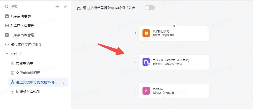 图片展示了多维表格中“通过交货单号提取物料明细并入库”工作流的流程