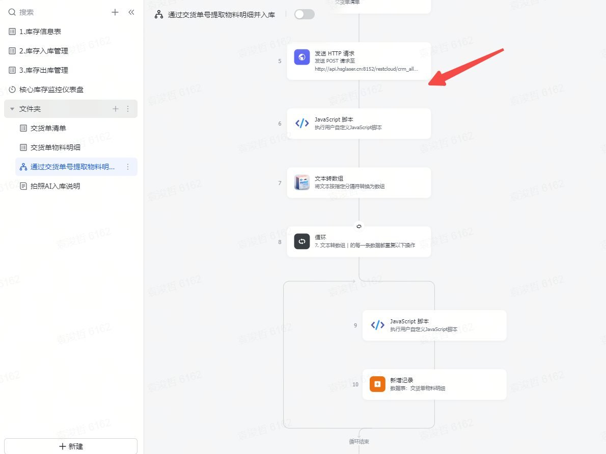 这张图片展示的是多维表格工作流的操作界面,呈现了“通过交货单号提取物料明细并入账