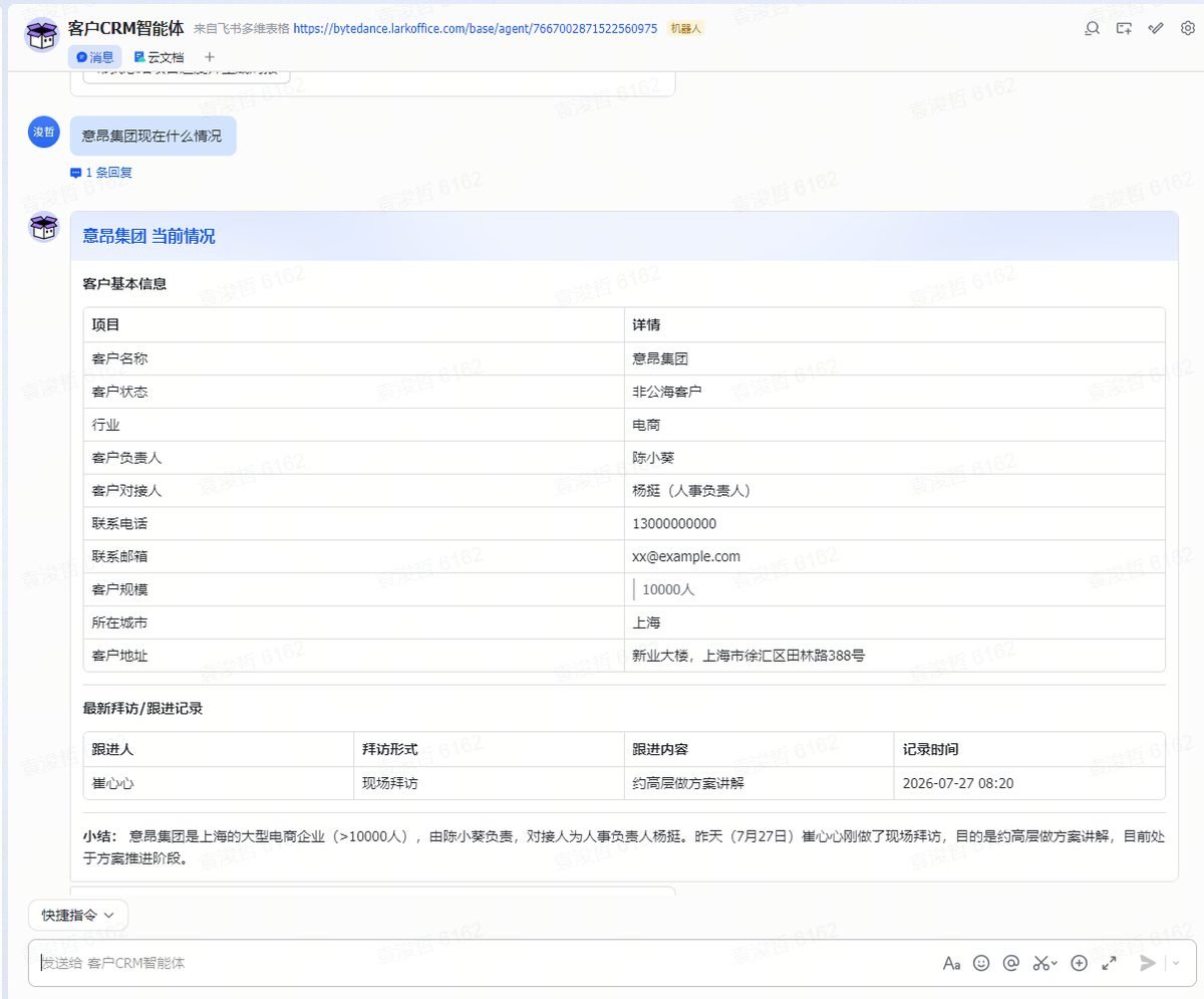 图片展示的是飞书多维表格中客户CRM智能体界面,用于记录客户信息及拜访情况