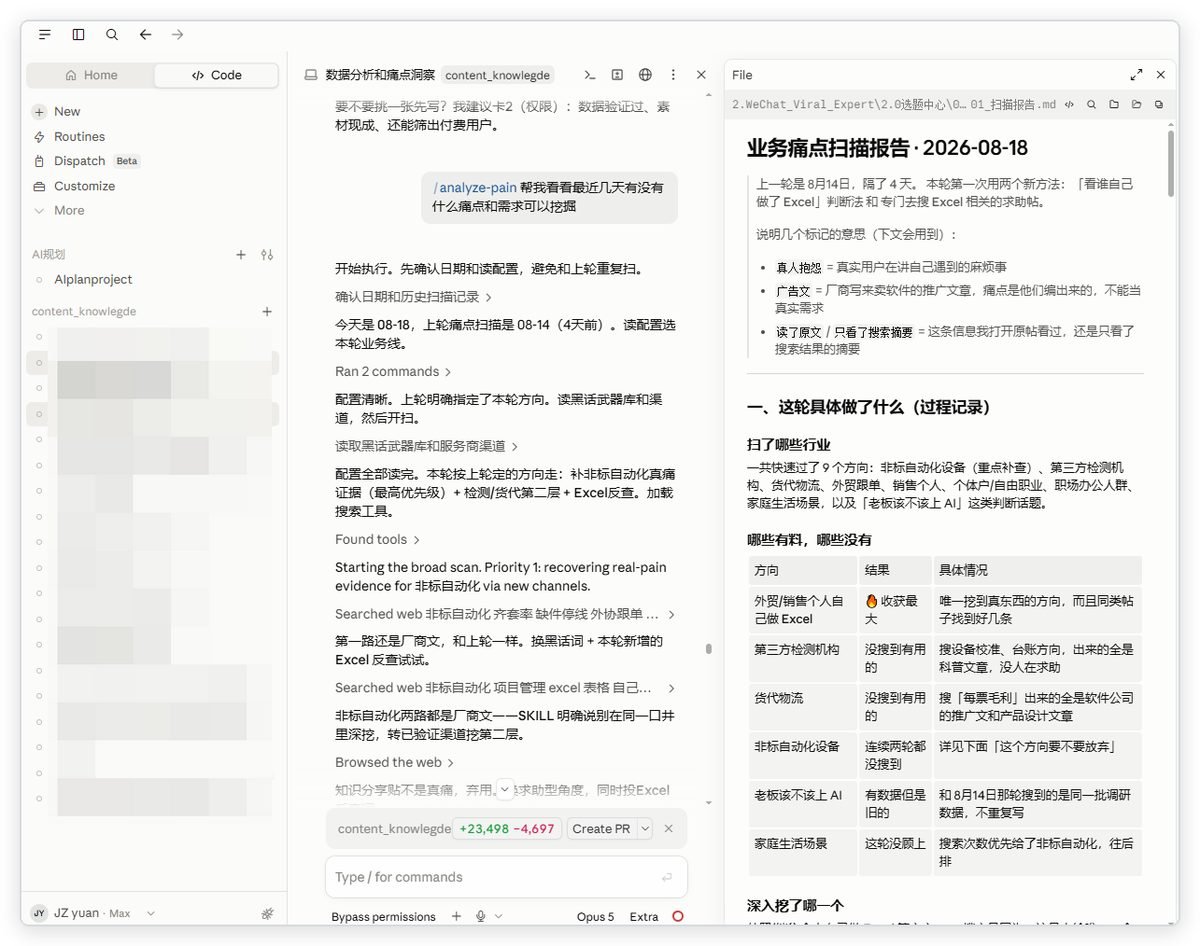 Claude Code 会话界面，左边跑业务痛点扫描指令，右边输出扫描报告
