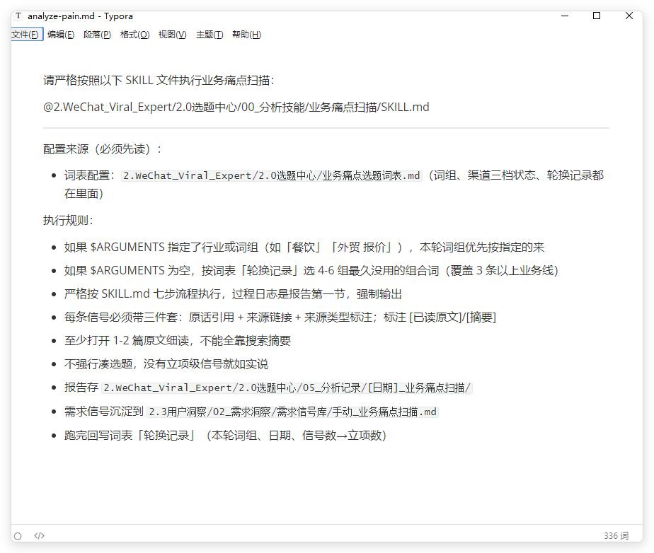 业务痛点扫描的 SKILL 指令文件，写明配置来源和七步执行规则