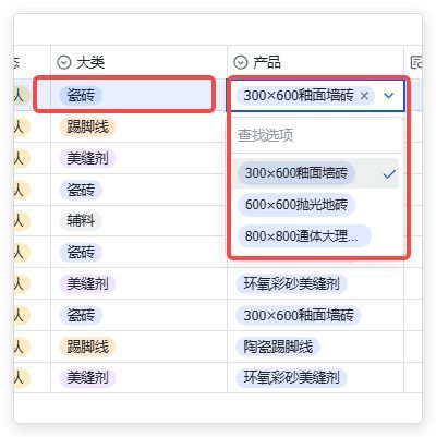 图片展示了多维表格中按大类筛选产品后的效果