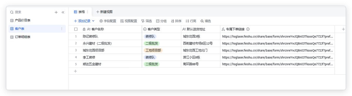 这张图片展示了多维表格中的「客户表」,用于记录老客户的相关信息