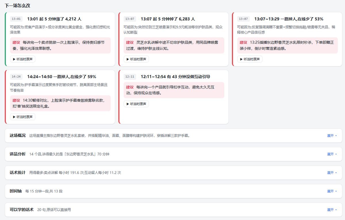 图片展示了抖音直播复盘工具生成的复盘报告内容