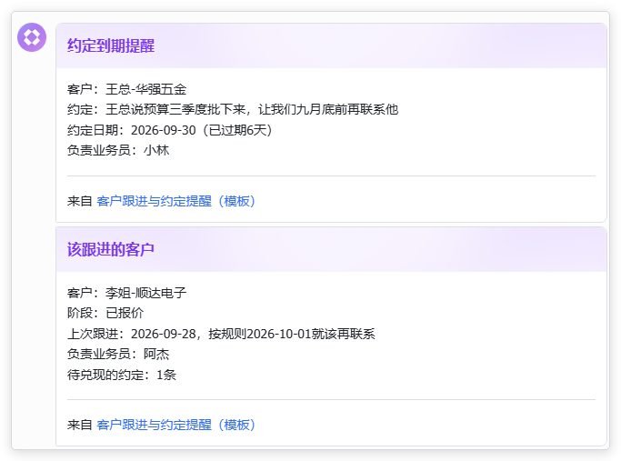 图片展示了飞书客户跟进提醒界面