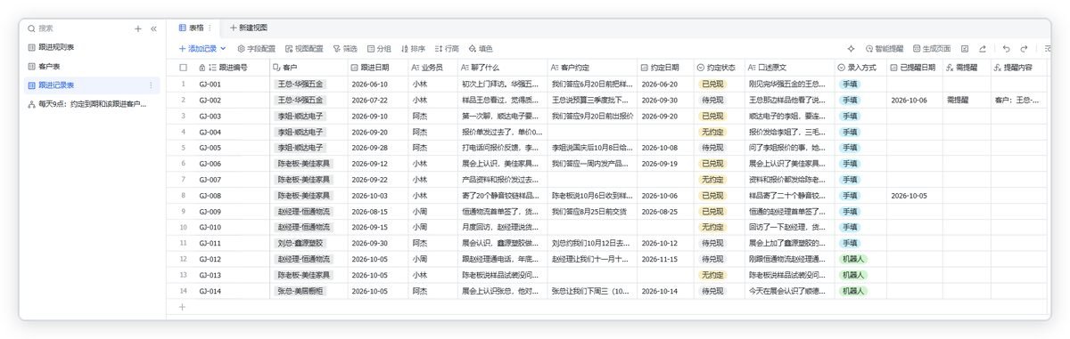 图片展示的是多维表格中客户跟进记录表界面