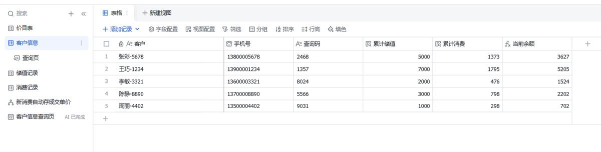 图片展示的是客户信息表，包含客户编号、客户名称、手机号、查询码、累计储值、累计消