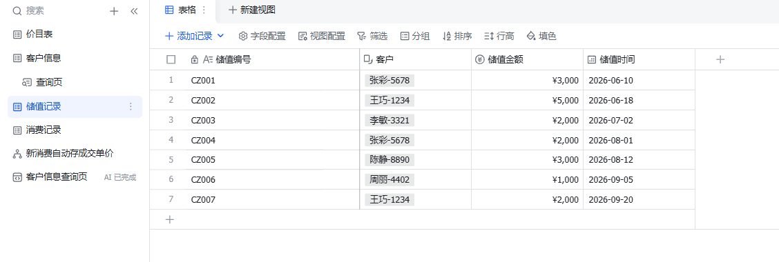 图片展示的是“储值记录表”内容，属于多维表格管理会员储值的字段设计部分