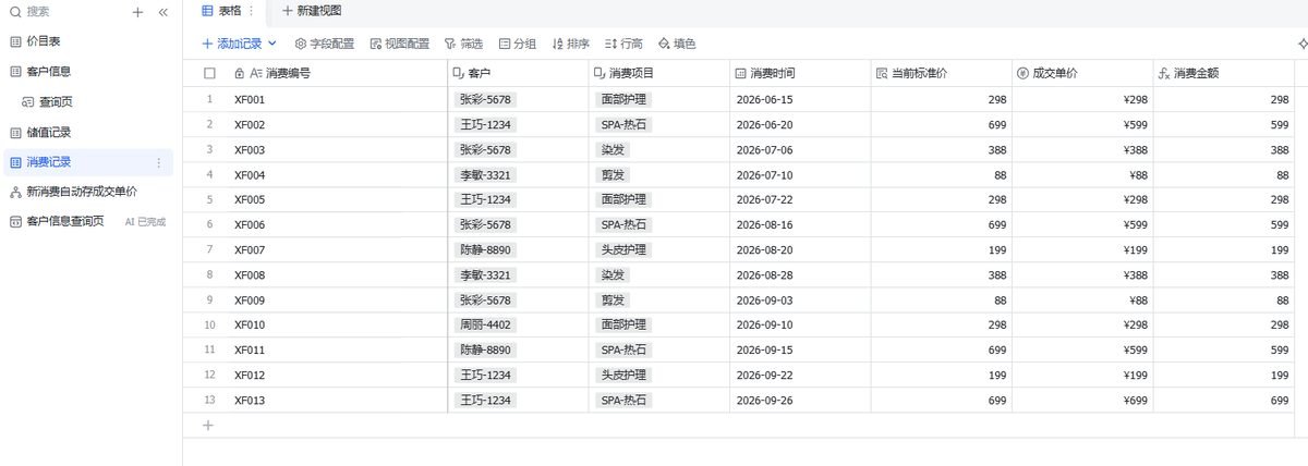 这张图片展示的是用于记录会员消费情况的多维表格页面，对应文档中提及的**消费记录