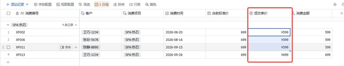 图片展示的是多维表格中“消费记录”数据表界面
